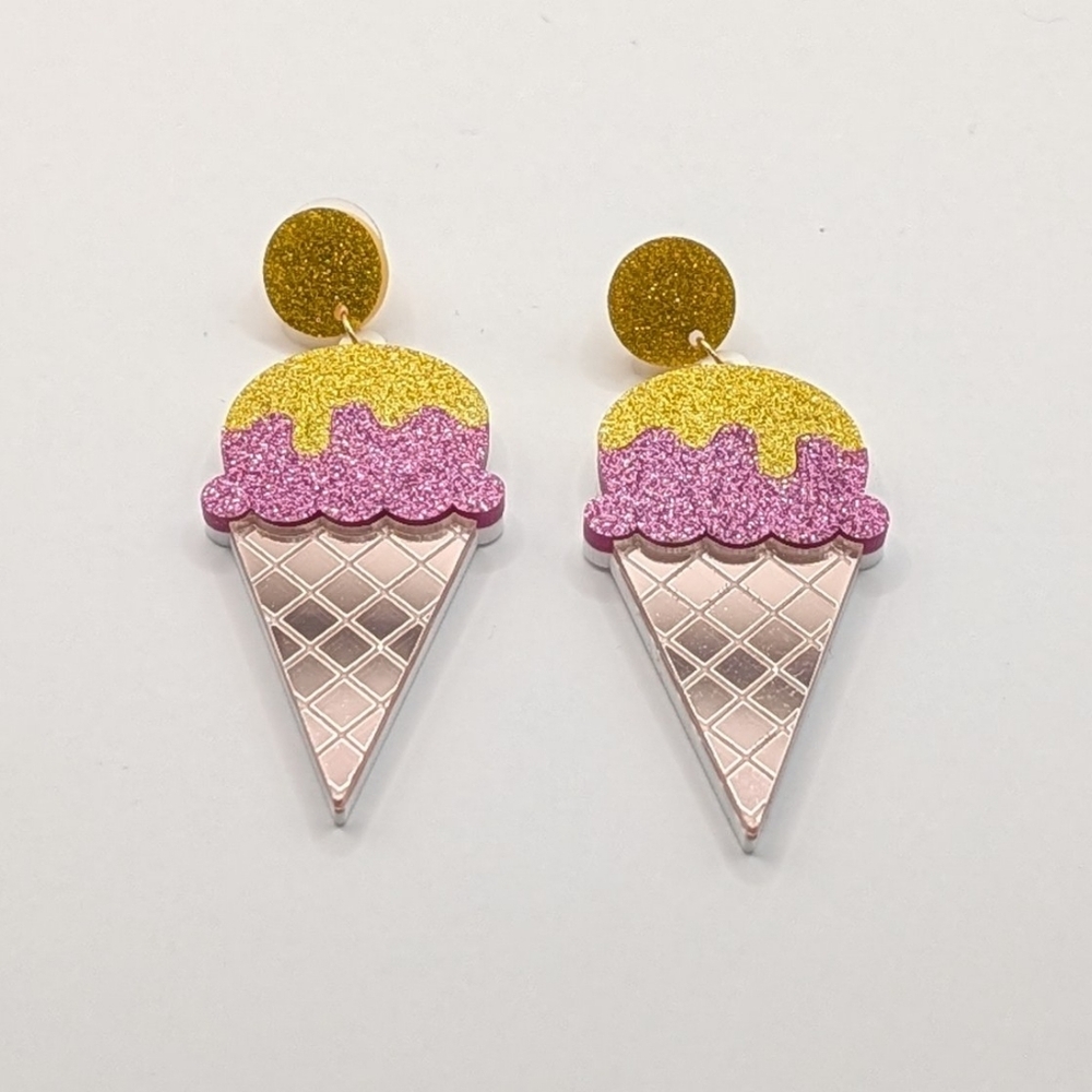 Ice Cream Cone Glitter Drop Earrings Pink And Yellow - Picture 3 of 5